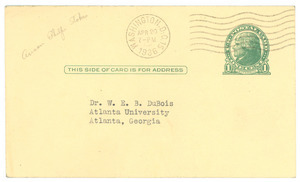 Postcard from Anson Phelps Stokes to W. E. B. Du Bois