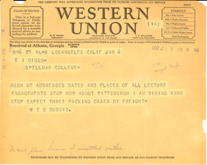 Telegram from W. E. B. Du Bois to Ellen Irene Diggs