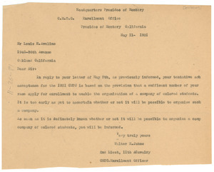 Letter from U.S. War Dept. Citizens' Military Training Camps to Louis H. Avelino