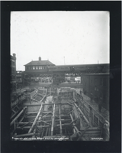 Atlantic Avenue shaft section B looking east, excavation for East Boston Tunnel in foreground