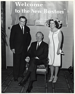 Mayor John F. Collins and Mary Collins with unidentified man at local reception