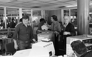 Mayor Kevin White and unidentified men in Boston Police Dispatch Operations Center