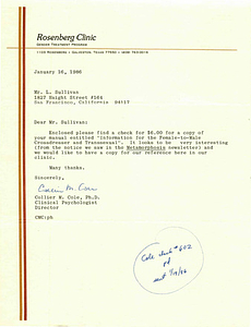 Correspondence from Collier Cole to Lou Sullivan (January 16, 1986)