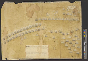 Plan figuratif du combat du 9 Avril 1782 entre l'armée anglaise comandée par l'amiral Rodney ... & l'armée Française commandée par Mr. Le comte de Grasse ... par lequel on voit la disposition de l'attaque, & d'une partie de l'armée Anglaise en calme au large de la Dominique
