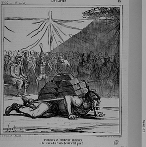 EXERCICES DE L'HERCULE PRUSSIEN - Le lèvra-t-il? ne le lèvra-t-il pas? ----------- RENOUVELÉ DE LA FOIRE AU PAIN D'ÉPICES. Mr. De Bismarck dit L'HERCULE PRUSSIEN se donnant un tour de Rhin.