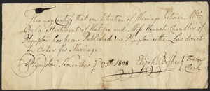Marriage Intention of Bela Sturtevant and Hannah Chandler of Plympton, Massachusetts, 1808
