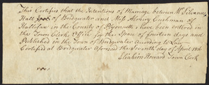 Marriage Intention of Silvanas Hall of Bridgewater, Massachusetts and Almeria Cushman, 1816