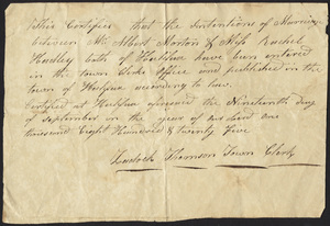 Marriage Intention of Albert Morton and Rachel Hadley, 1825