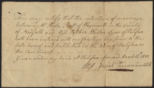 Marriage Intention of Bela Pratt of Weymouth, Massachusetts and Sophia Weston Lyon, 1801
