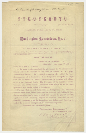 Invitation to the first anniversary celebration of Washington Consistory, No. 7, 1884 October 8