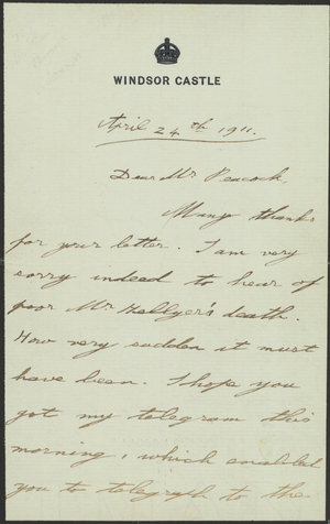 Letter from Edward VIII, Prince of Wales, to Mr. Peacock, 1911 April 24