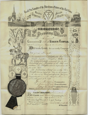 Knights Templar certificate issued to Jesse Mead, 1887 September 10