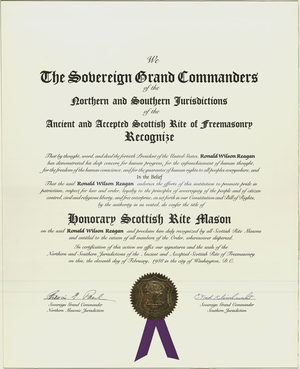 Honorary Scottish Rite Mason certificate issued by the Supreme Councils of the United States to President Ronald Reagan, 1988 February 11