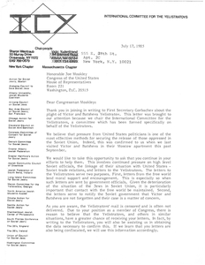 Letter to Congressman John Moakley from the International Committee for the Yelistratovs
