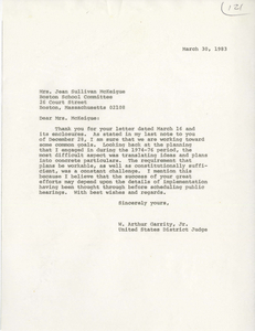 Correspondence between Jean Sullivan McKeigue, Boston School Committee member, and Judge W. Arthur Garrity, 1983 January-July