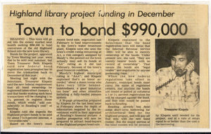 Newspaper article describing the sale of bonds for the library to be converted from a school
