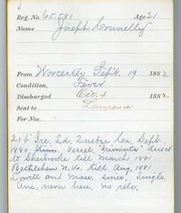 Tewksbury Almshouse Intake Record: Connelly, Joseph