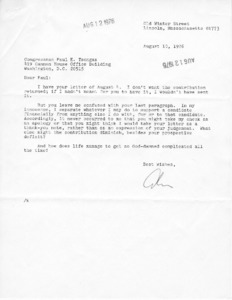 Letter to Congressman Paul E. Tsongas from Alvin Levin