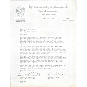 Letter, Boston City Council, October 25, 1973.