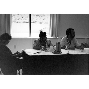 Two women and one man sitting at a conference table in front of a large window.