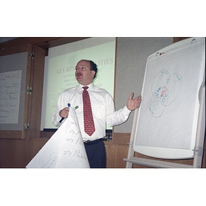 David Cortiella, one of the facilitators at a board training meeting, gestures towards a diagram.