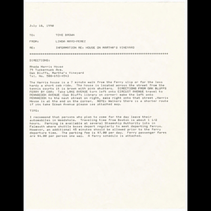 Letter from Linda Mayo-Perez to Toye Brown with information about house on Martha's Vineyard