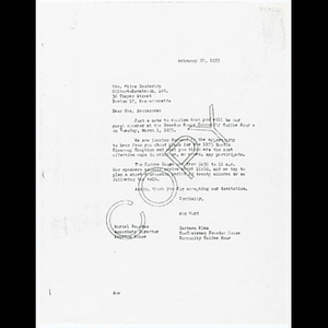 Letter from Ann Ward, Barbara Elam, and Muriel Snowden to Alice Broderick of Gilbert-Estabrook about speaking at Freedom House Coffee Hour