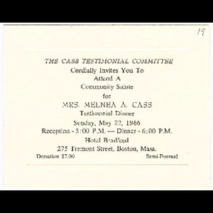 Invitation for Melnea Cass testimonial dinner