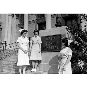 School of Nursing Assistant Dean Lydia Bosanko and students Barbara Baldwin and Beatrice Loewy outside Beth Israel Hospital