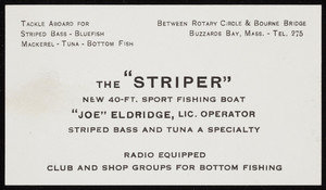 Trade card for Joe Eldridge, sport fishing, between Rotary Circle & Bourne Bridge, Buzzards Bay, Mass., undated