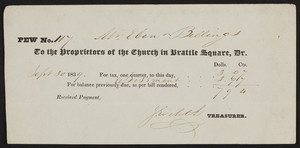 Receipt for pew tax, Church in Brattle Square, Dr., Cambridge, Mass., September 30, 1839