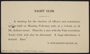 Postcard for the Yacht Club, 58 Mt. Auburn Street, Cambridge, Mass., dated February, 8, 1905