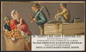 Trade cards for Barrett's Rock Candy & Hermitage Rye, Depot, 45 North Market Street, Boston, Mass., 1877