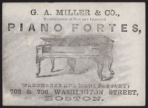 Trade card for G.A. Miller & Co., manufacturers of new and improved piano fortes, 702 & 706 Washington Street, Boston, Mass., undated