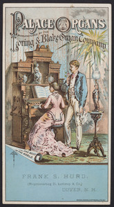 Trade card for Palace Organs, manufactured by the Loring & Blake Organ Company, Worcester, Mass. and Toledo, Ohio, undated