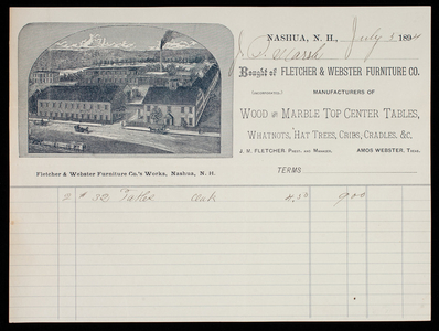 Billhead, Fletcher & Webster Furniture Co., Inc., manufacturers of wood and marble top center tables, whatnots, hat trees, cribs, cradles, Nashua, New Hampbshire, dated July 5, 1894