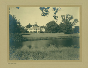 Exterior view of Lyman Estate, Waltham, Mass., from across grounds and pond
