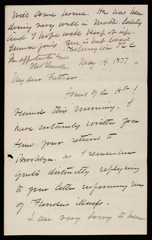 Thomas Lincoln Casey to General Silas Casey, May 19, 1877