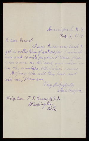 [Charles] Hagen to Thomas Lincoln Casey, February 7, 1889