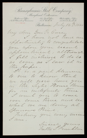 Walter S. Franklin to Thomas Lincoln Casey, July 16, 1888