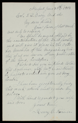 Henry E. Turner to Thomas Lincoln Casey, June 30, 1883