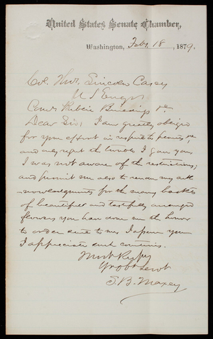 Senator S. B. Maxey to Thomas Lincoln Casey, February 18, 1879