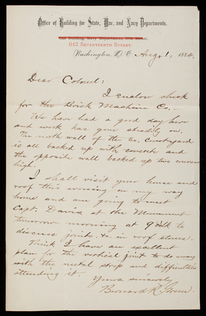 Bernard R. Green to Thomas Lincoln Casey, August 1, 1884