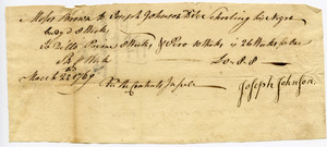 Receipt from Joseph Johnson to Moses Brown for educating Cudge, Prime, and Pero, three men before their emancipation