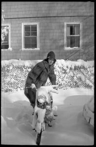 Woman in a heavy fur coat retrieving a motocycle after a heavy snow