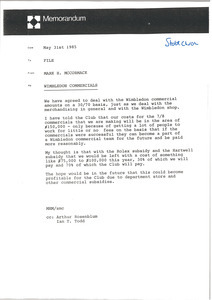 Memorandum from Mark H. McCormack concerning Wimbledon commercials