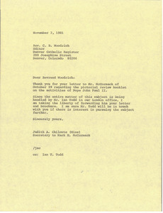 Letter from Judy Chilcote to C. V. Woodrich