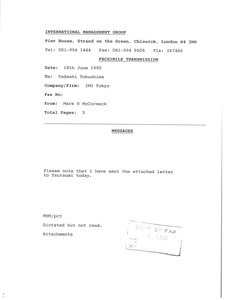 Fax from Mark H. McCormack to Tadashi Tokushima
