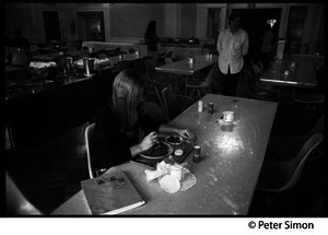 Nearly empty dining room during the one-day strike at Shelton Hall, Boston University (Jeff Albertson in background)