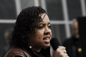 Justice for Jason rally at UMass Amherst: Tracey Kelley speaking at the Student Union Building in support of Jason Vassell